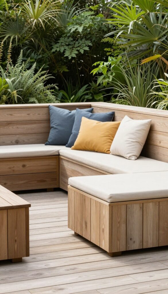 Large deck with built-in seating wall, wooden bench with cushions, bright natural light, clean composition.