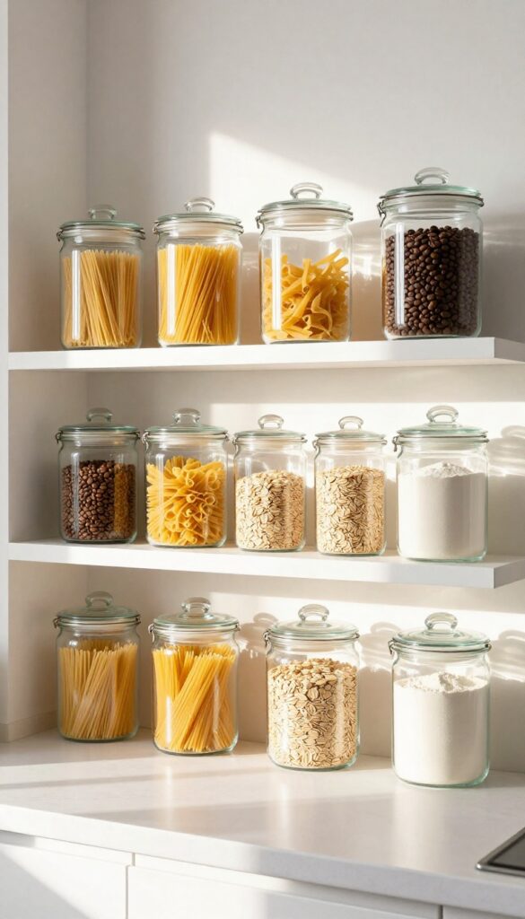 Open shelving in a bright kitchen with clear glass canisters filled with pasta, oats, flour, and coffee beans, neatly organized, warm natural light.