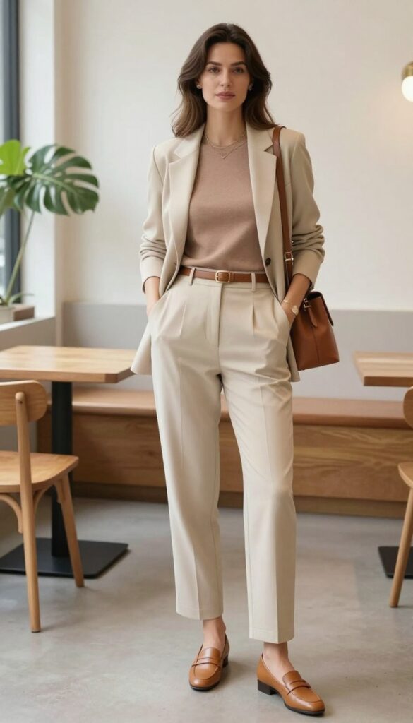A woman wearing high-waisted tailored trousers and a fitted knit top, paired with loafers and a structured tote bag, standing in a bright café setting.