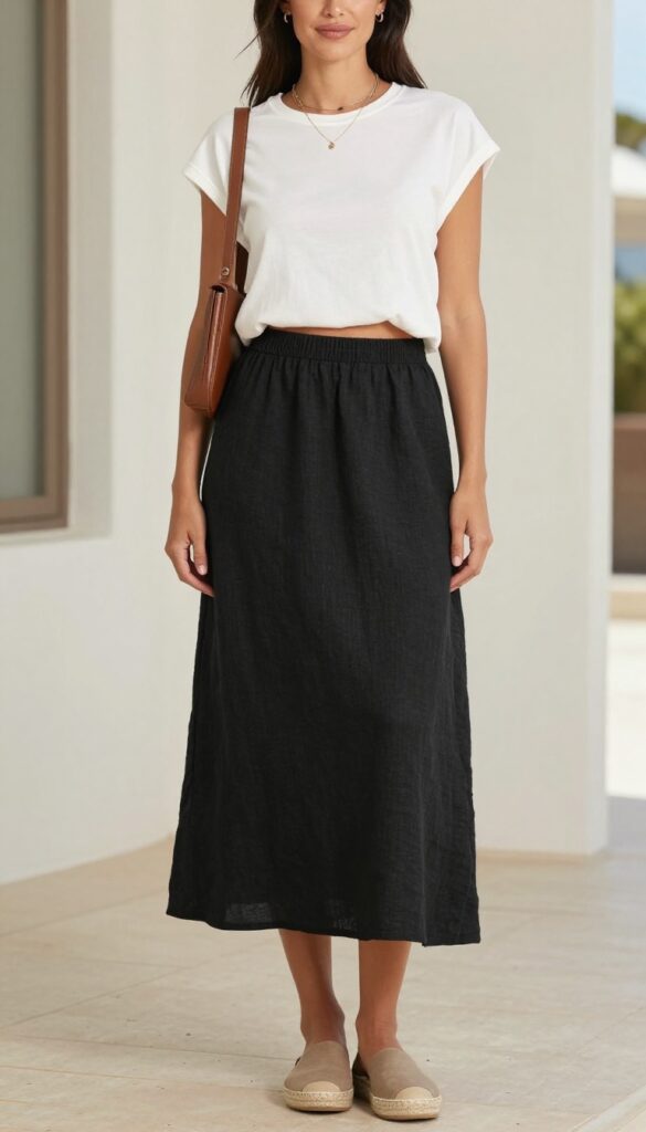A woman in a modest summer outfit featuring a crop top and high-waisted black maxi skirt, styled with flat sandals, layered necklaces, and a small bag, set in a bright outdoor vacation scene.