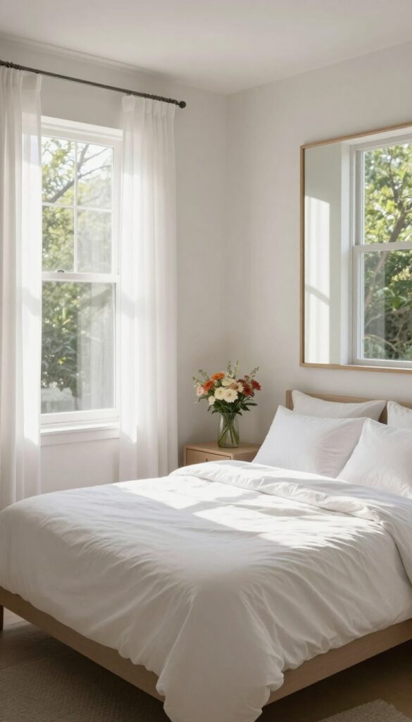 Bedroom with two windows and a large mirror on the opposite wall for balance