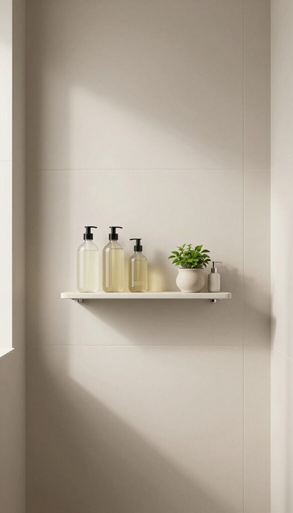 Modern shower with floating shelves holding glass bottles and a small plant