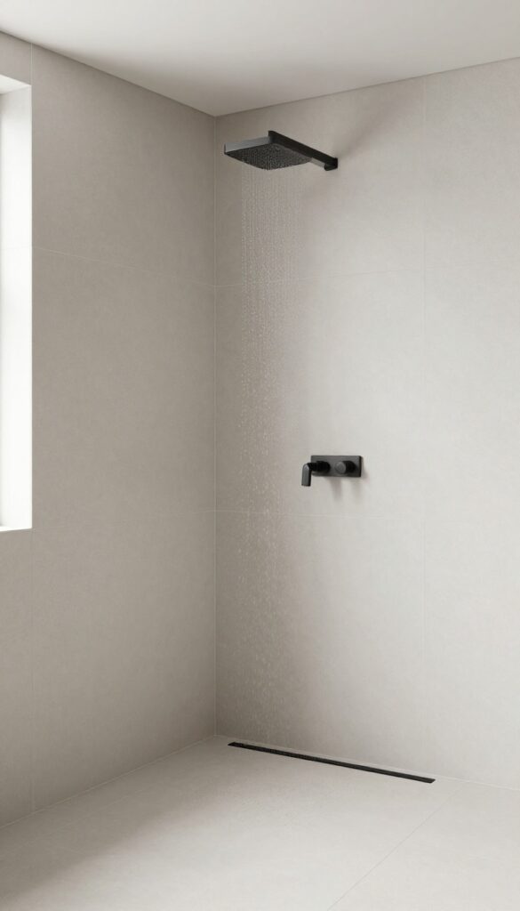 Modern wet shower room with a linear drain along the back wall, featuring seamless tiles and minimalist decor in bright natural light.