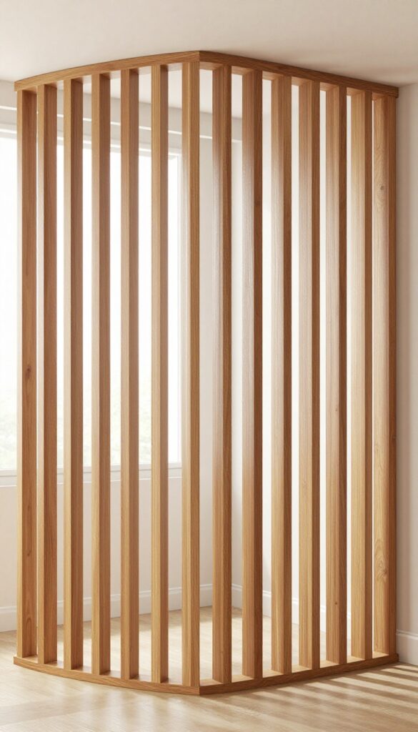 A bedroom with a stylish wooden slat divider allowing light to pass through, creating a warm and modern separation in the space.