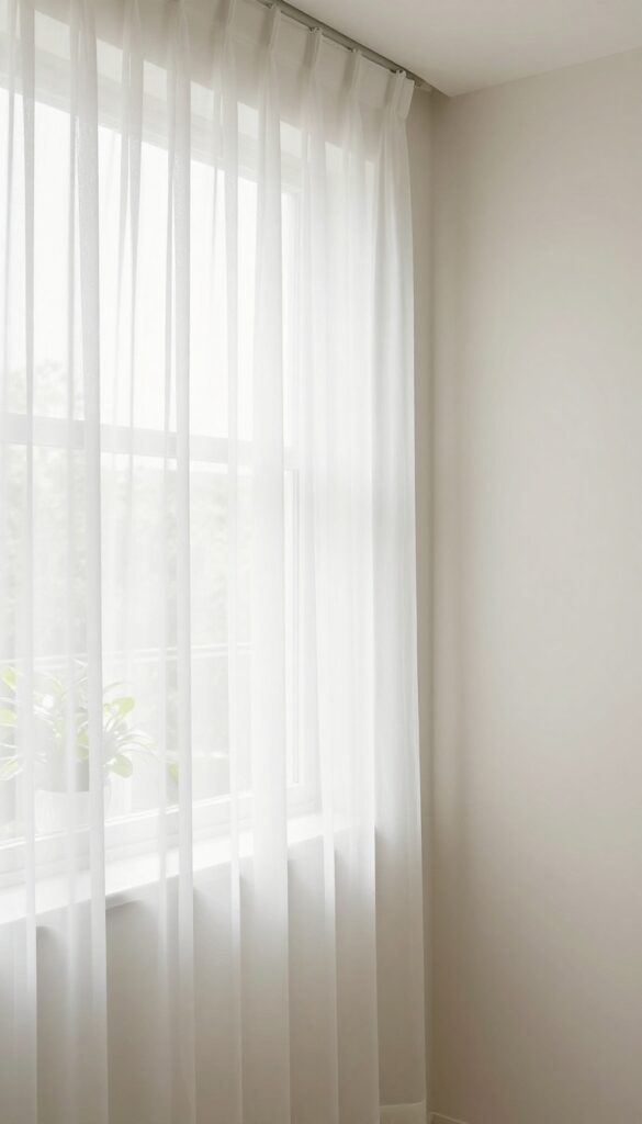 A small bathroom with sheer white shower curtains and a clear liner, showcasing an airy, light-filled space with natural lighting and plants for an elegant home decor look.