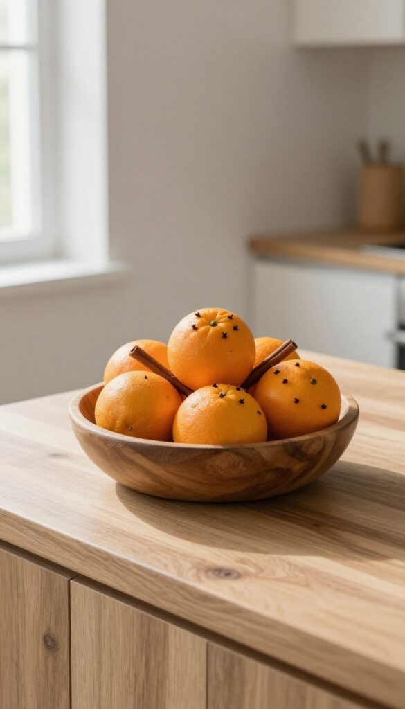A wooden bowl filled with oranges studded with cloves on a kitchen island
