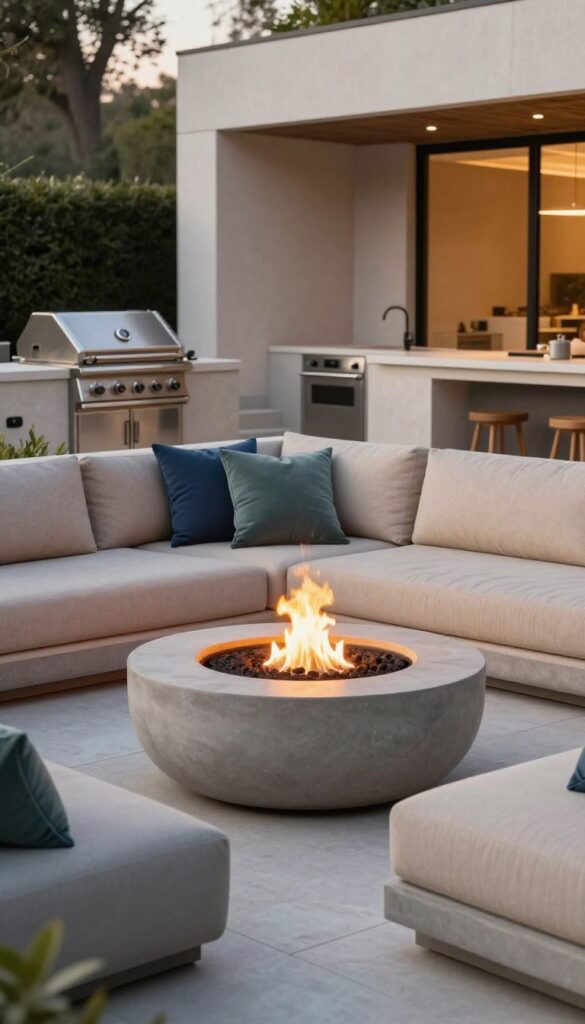 A small fire pit seating area near a modern outdoor kitchen, with cushioned seating and soft flames, creating a cozy gathering spot.