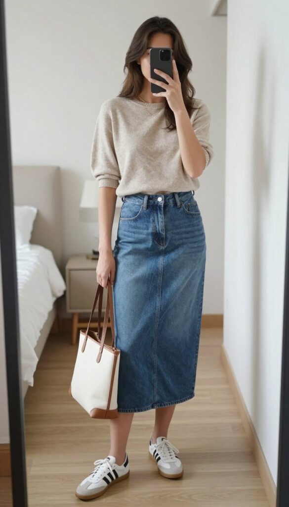 Millennial mom in a midi denim skirt and soft knit top taking a mirror selfie, wearing sneakers and layered necklaces.