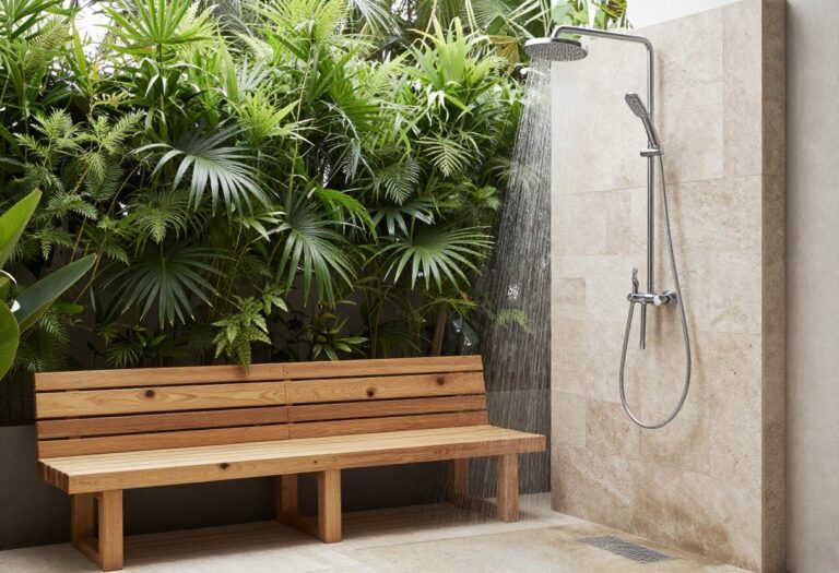 Outdoor pool shower with rain showerhead, natural stone floor, teak bench, and greenery