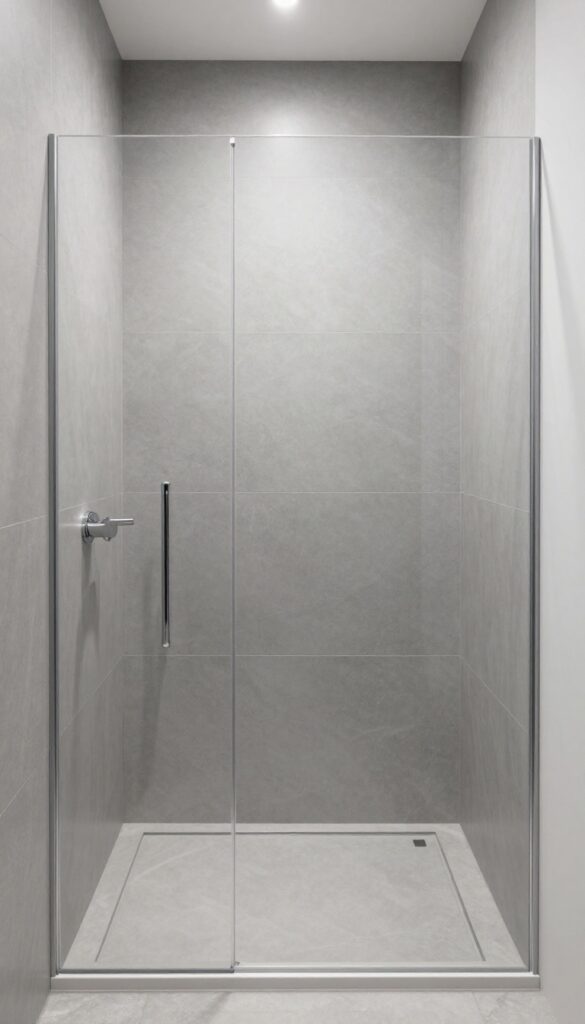 Modern bathroom shower with large-format porcelain panels in soft gray, showcasing clean lines and minimal grout for a spacious, low-maintenance design.