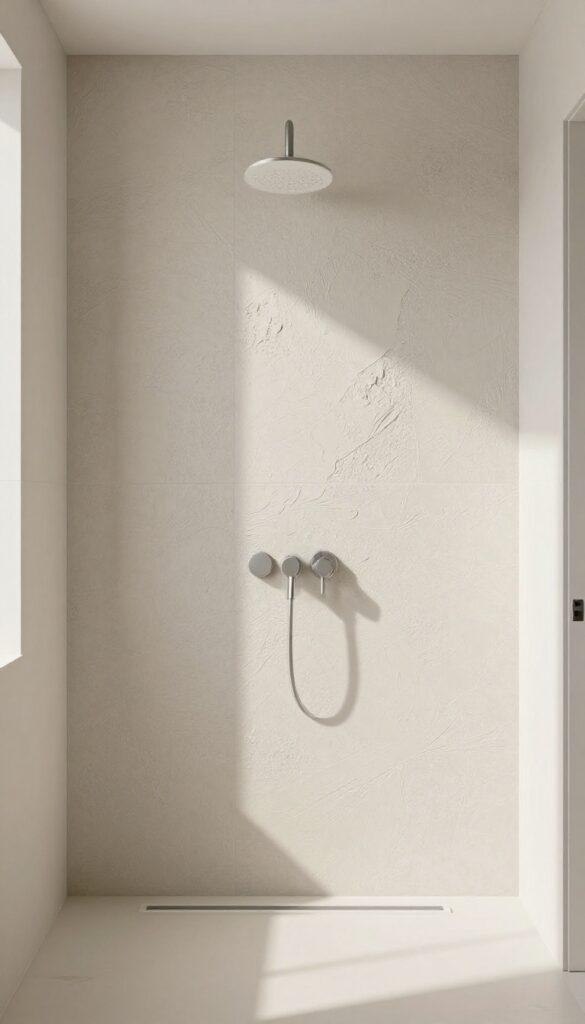 Close-up of textured 3D tiles in a shower, showcasing depth and shadow play with natural light in a minimalist bathroom.