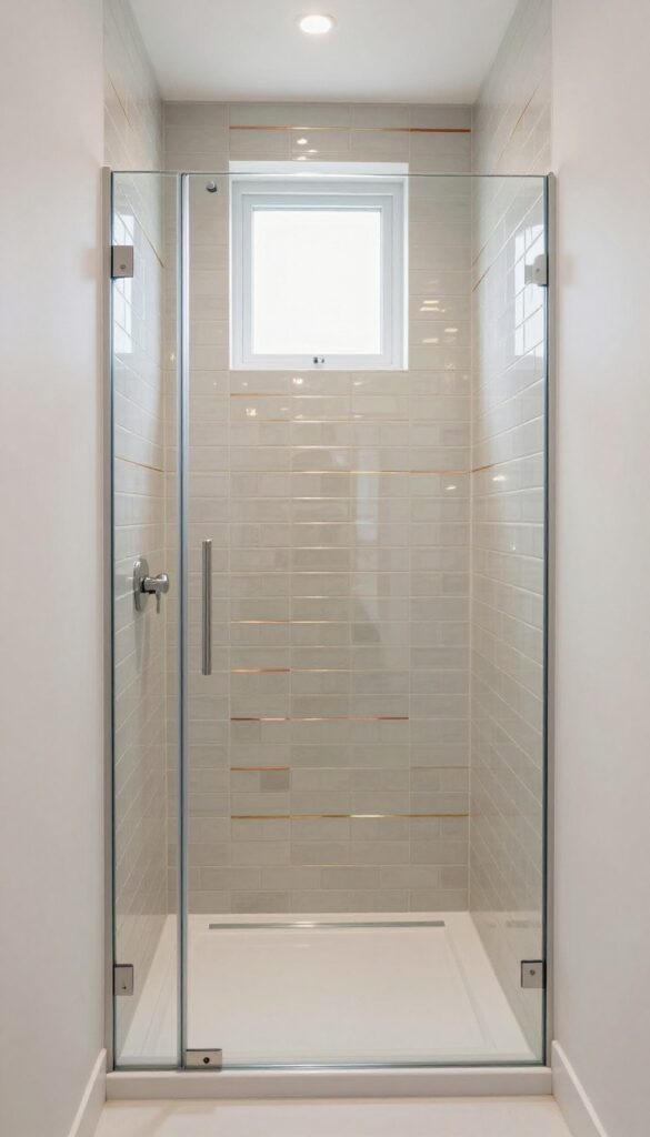 Shower backsplash with thin copper and brass metallic inserts reflecting light in a neutral tiled bathroom.