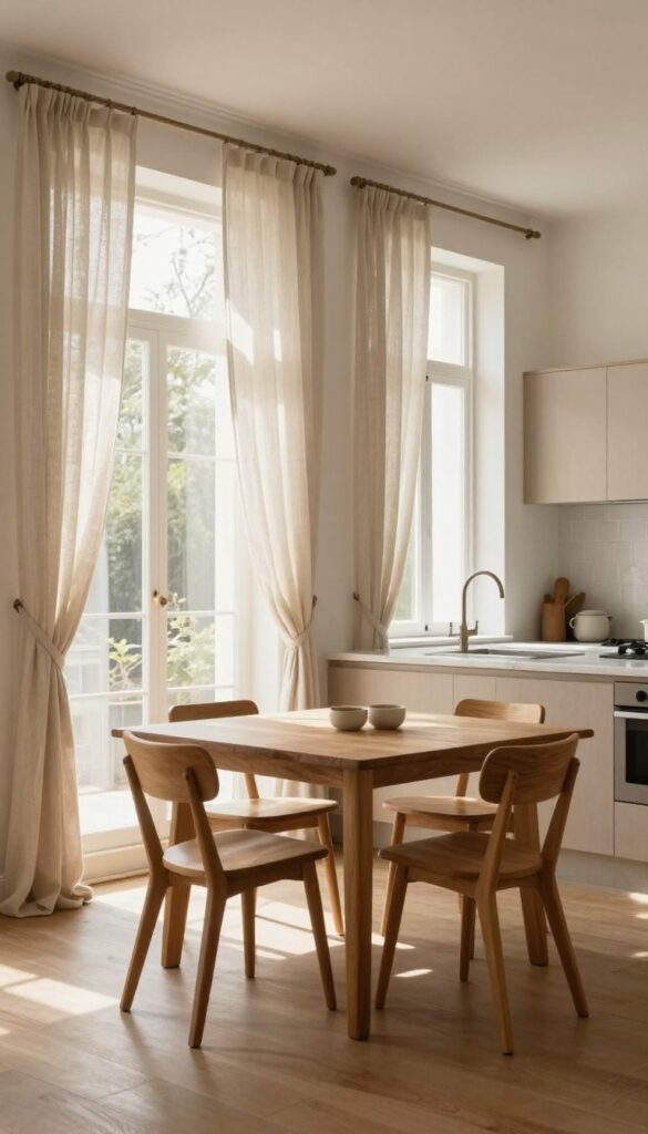 Elegant kitchen diner with floor-length linen curtains instead of blinds