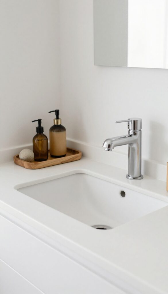 A small wooden tray organizing soap dispenser, lotion, and decorative item on a clean guest bathroom vanity in bright natural light.