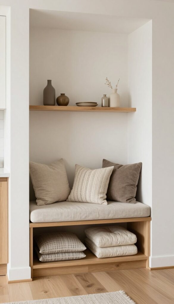 Built-in bench with cushions on dining side of kitchen pass-through