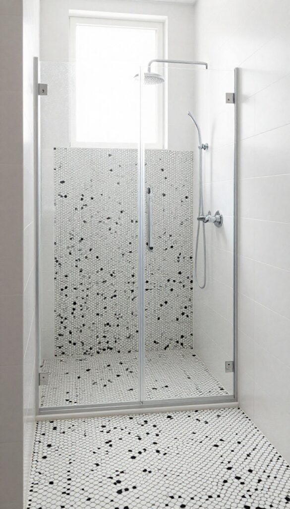A small quadrant shower room with patterned black and white hexagon floor tiles defining the shower area, featuring bright natural light, simple white walls, and minimal fixtures for a clean, stylish look.
