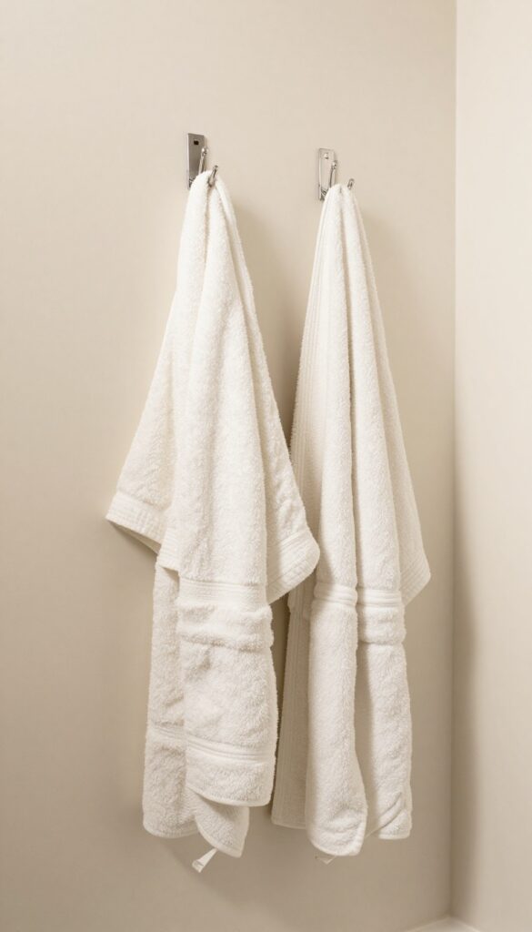 A small college bathroom with wall hooks holding towels, a robe, and a shower bag in bright natural light.