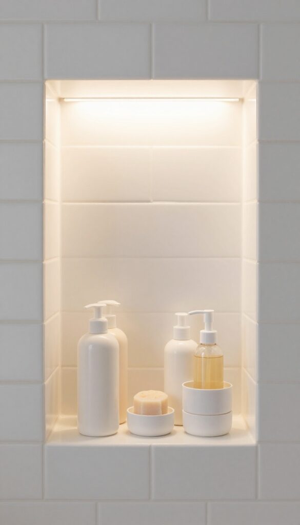 A recessed shower niche with LED lighting illuminating tidy bathroom products in a clean, modern bathroom setting.