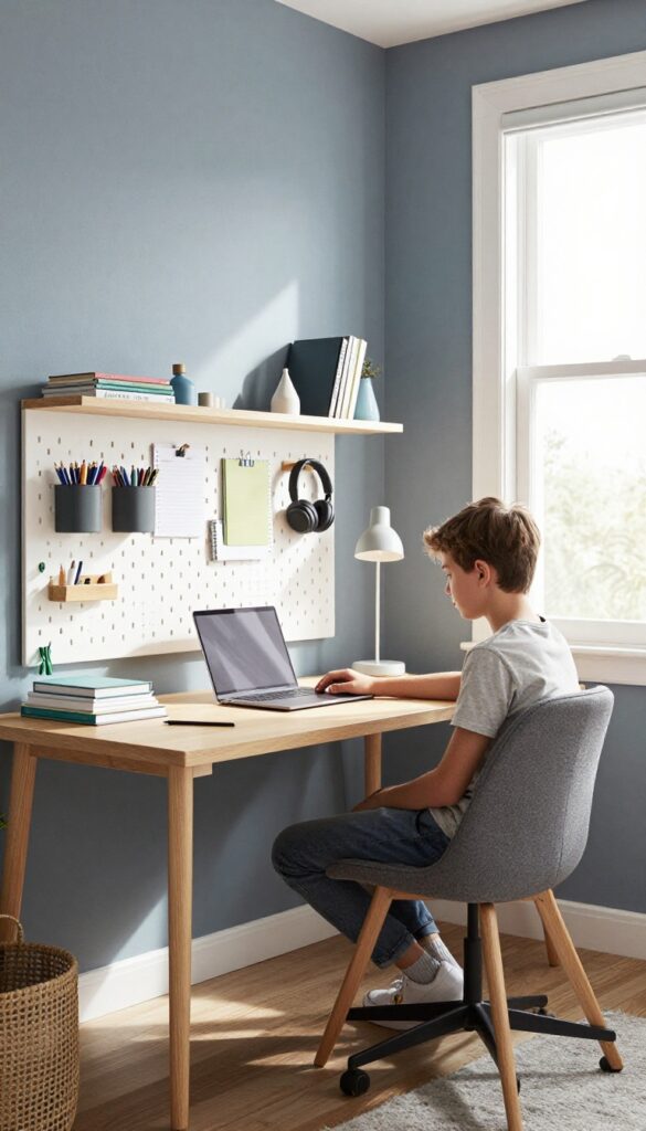 A study-focused teen boy's bedroom with a desk near a window, organized school supplies on a pegboard, and calming colors for improved productivity.