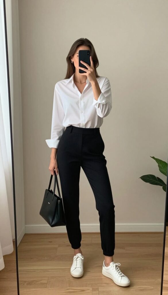 Woman in white button-down shirt and black tailored joggers posing in mirror selfie with sleek sneakers and structured tote, bright natural light.