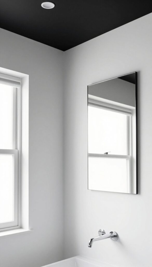 A photorealistic image of a timeless black and white bathroom featuring a bold black ceiling with bright white walls and minimalist fixtures, showcasing natural light and clean design for home decor inspiration.