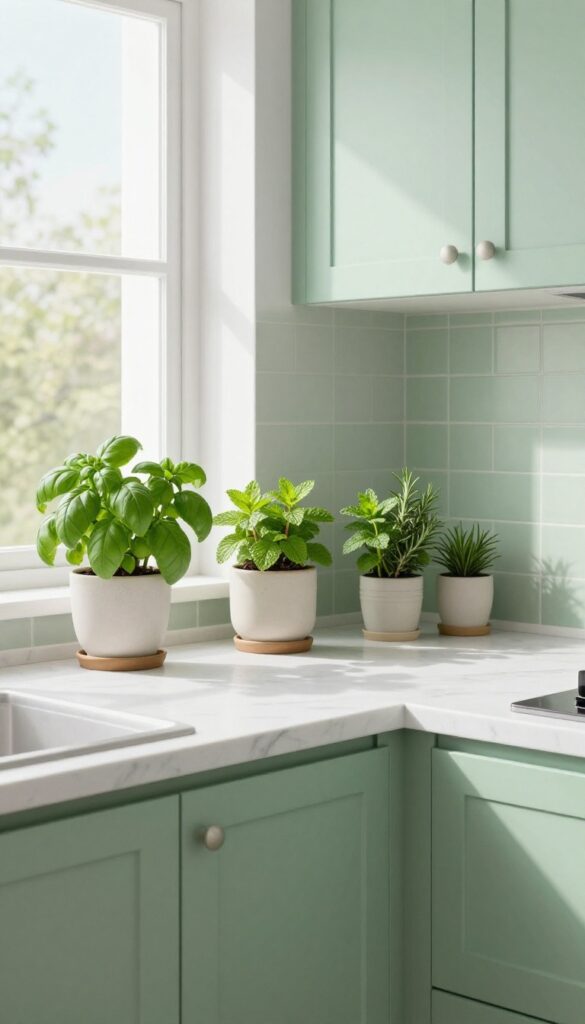Modern kitchen with mint green cabinets and herb planters on windowsill