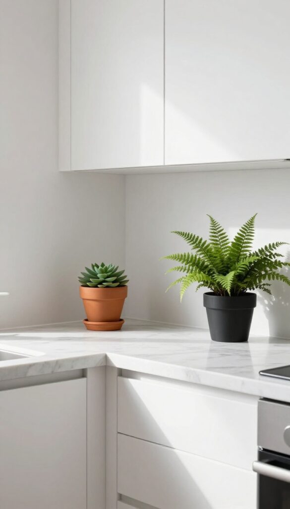Bright kitchen with small potted plants on windowsill and countertop