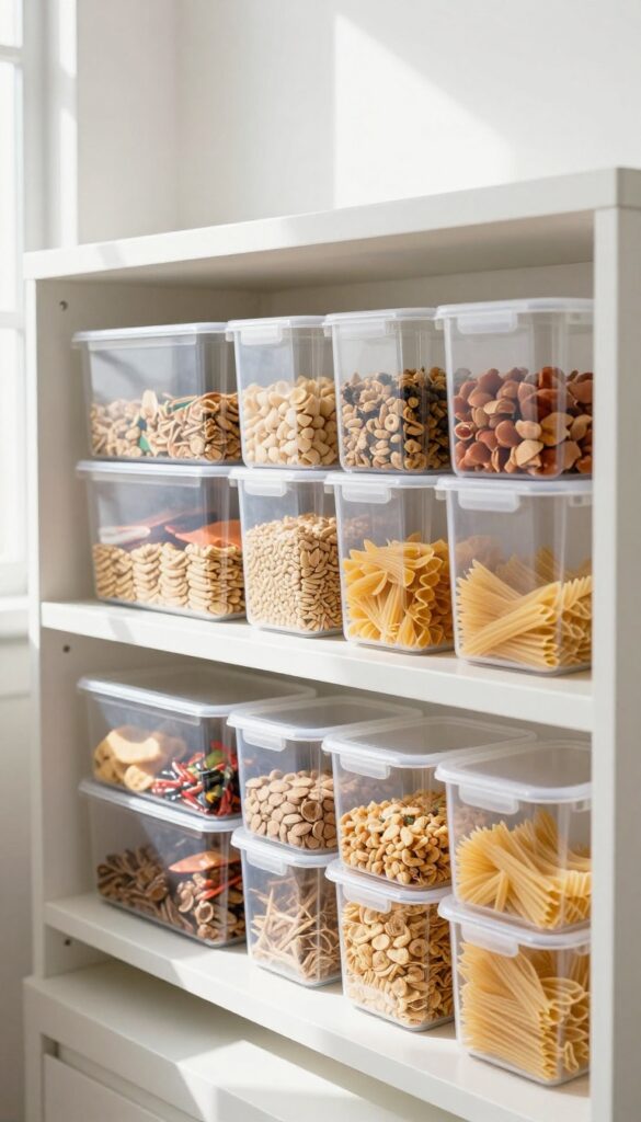 Clear stackable bins on a pantry shelf with organized dry goods and a woven runner.