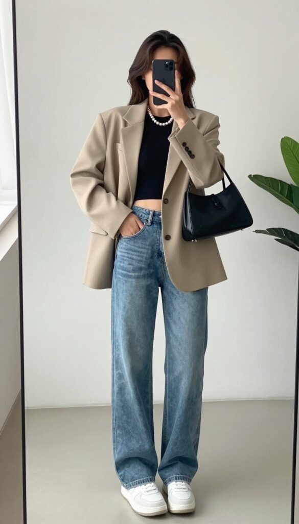 A woman in an oversized beige blazer and black crop top takes a mirror selfie, wearing a pearl necklace, high-waisted jeans, and white sneakers, with a structured handbag.
