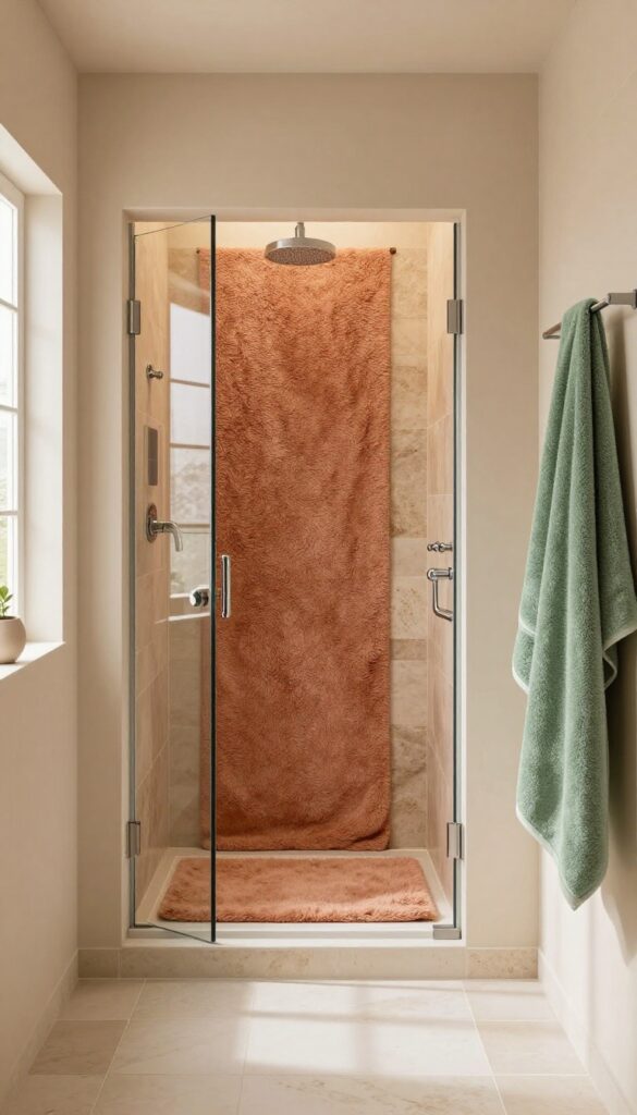 Plush terracotta bath mat in front of glass shower in bright spa-like bathroom