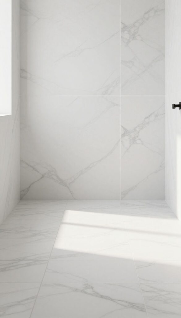 A small bathroom with a peel-and-stick marble-look tile floor in bright natural light