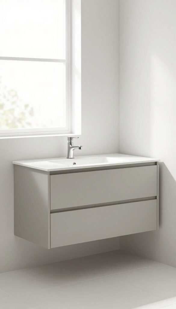 A floating light gray vanity in an airy bathroom with natural light, showcasing modern home decor inspiration.