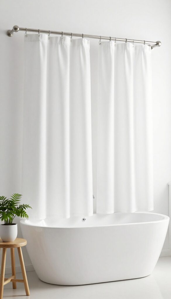Two symmetrical white shower curtain panels framing a bathtub in a bright bathroom