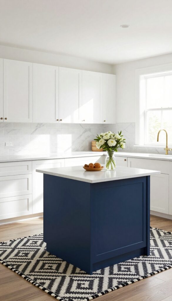 Modern kitchen with navy island and black-and-white geometric rug underneath