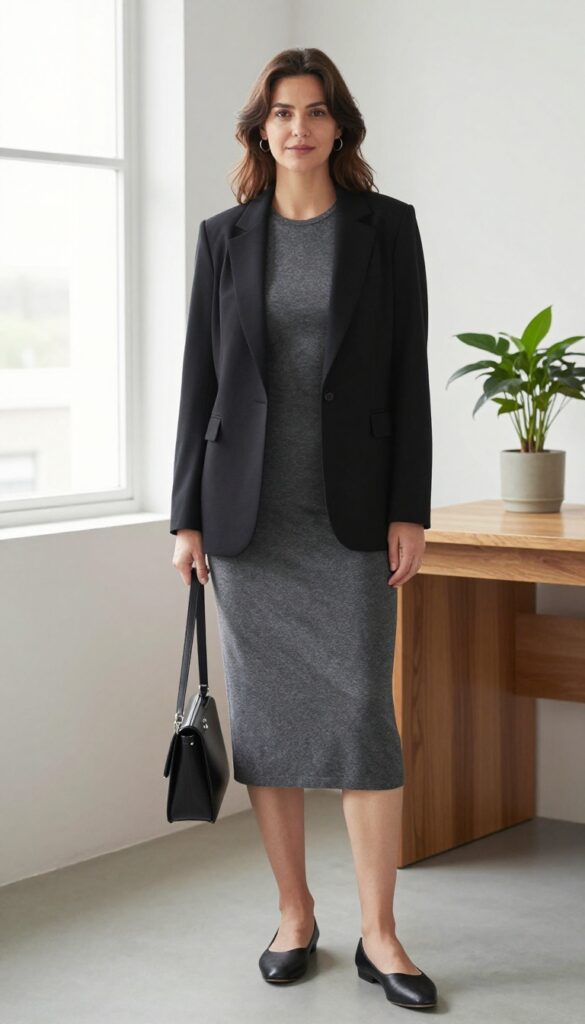 Midsize woman wearing a charcoal knit midi dress with a black structured blazer, nude block heels, and a small black crossbody bag, standing in a bright modern office.