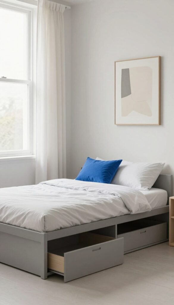 A minimalist teen bedroom with neutral colors and simple furniture in bright natural light.
