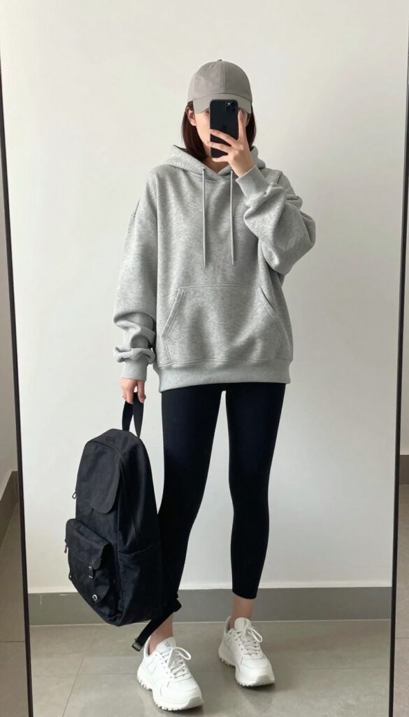 A woman wearing an oversized hoodie with black leggings and biker shorts, styled with sneakers, a baseball cap, and a small backpack in a casual summer evening outfit.