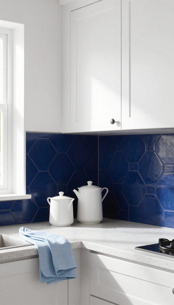 Modern kitchen with navy hexagon tile backsplash and white cabinets