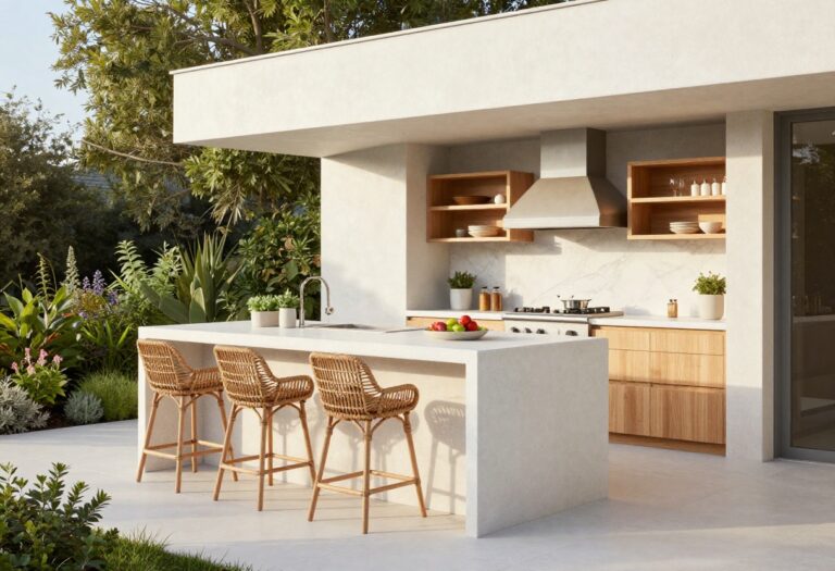 Modern outdoor kitchen with white island, open shelving, and herb planters in soft sunlight