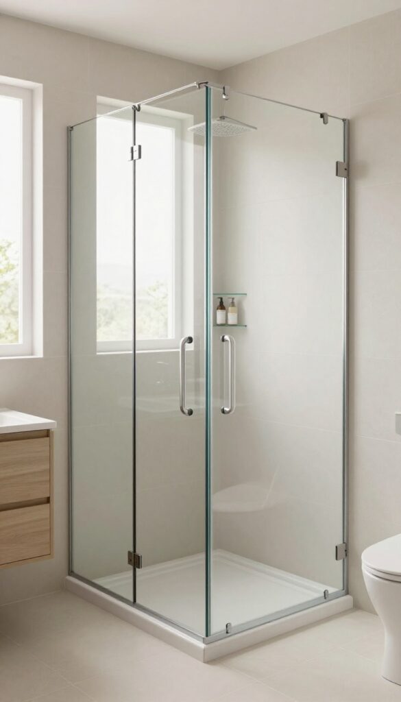 A small bathroom featuring a frameless glass shower door that creates a seamless, open look with natural light enhancing the space.