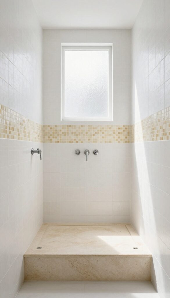 Shower with soft neutral mosaic accent strip at eye level and around niche, natural light, spa-like design