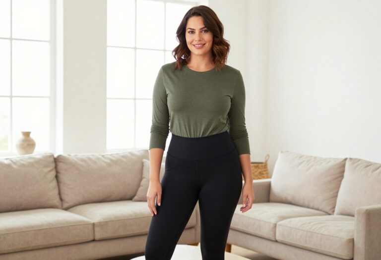 Curvy mom wearing high-waisted black leggings and an olive green tunic, standing casually in a bright living room.