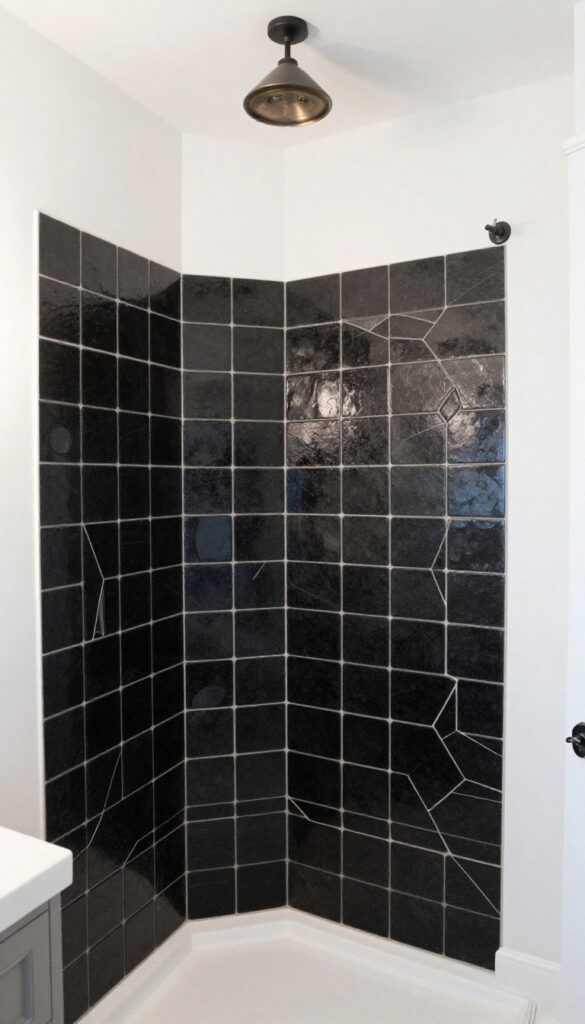 Hexagonal black tiles with white grout in a modern shower interior for geometric interest