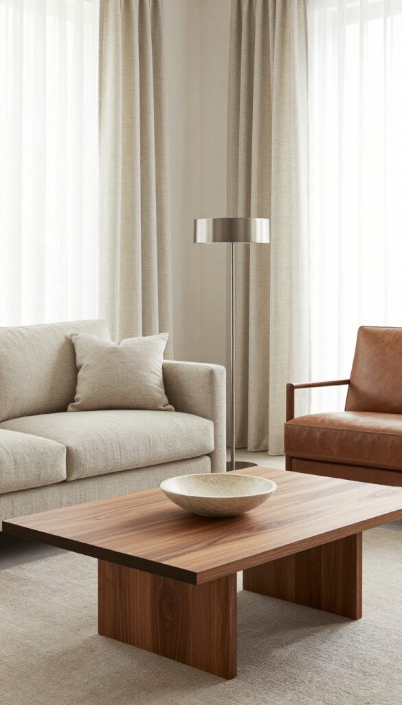 Living room with wood coffee table, linen sofa, leather chair, and metal lamp in natural light