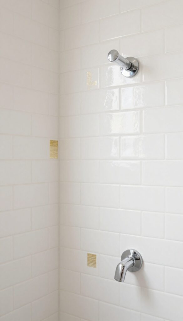 Close-up of a shower stall with glossy white tiles and metallic gold accents reflecting natural light, creating a luxurious and designed bathroom aesthetic.