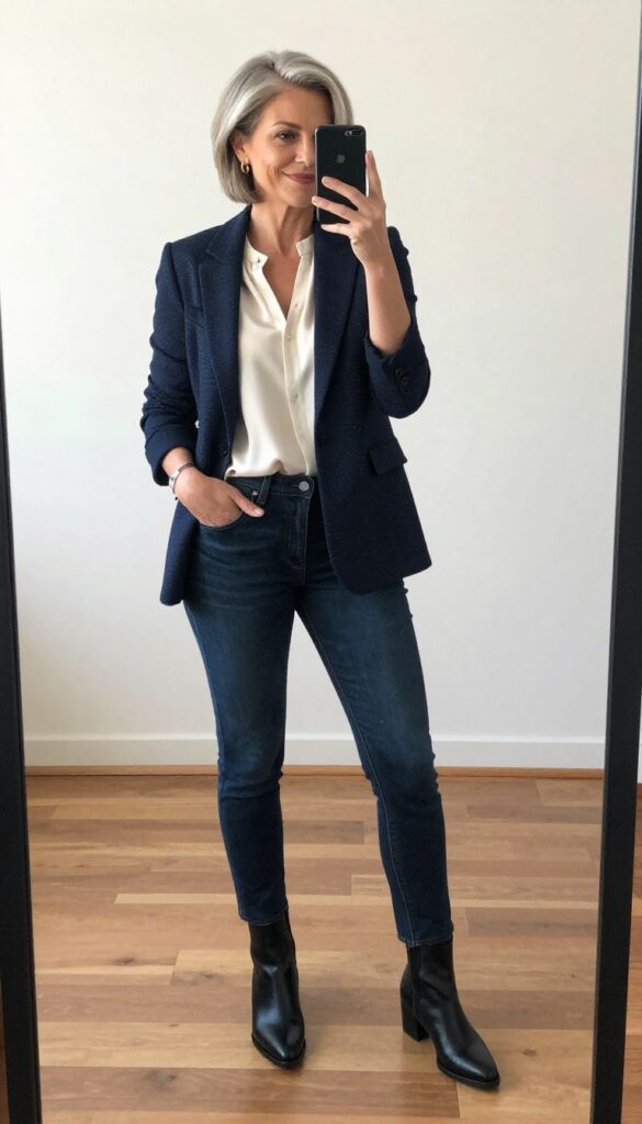 Woman in her 50s wearing a fitted navy blazer, cream blouse, dark skinny jeans, and black ankle boots. She takes a mirror selfie in a bright bedroom, exuding polished confidence.