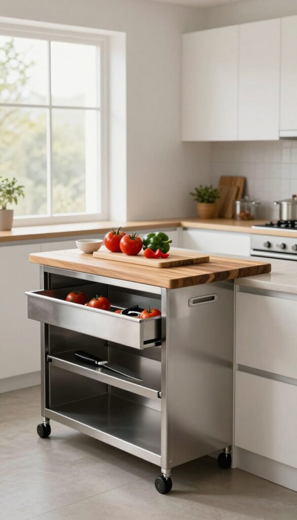 Kitchen trolley with built-in wooden chopping board top in a bright Indian kitchen