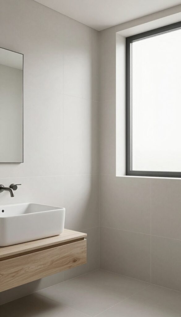 A modern bathroom shower with large black tiles and minimal grout lines, showcasing a clean and spacious design with natural light and decorative accents