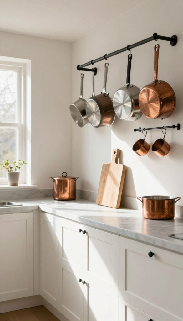 Small parallel kitchen with hanging pot rack above sink, copper and stainless steel cookware, rustic farmhouse style, bright natural light.