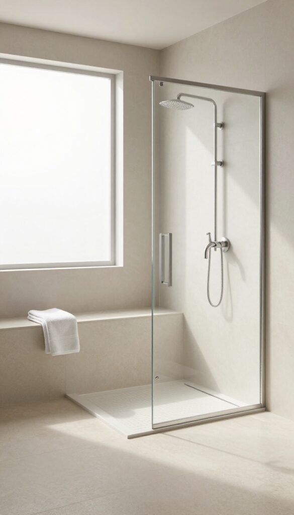 Walk-in shower with a bench at the entry for convenience, featuring seamless tile integration and natural light.